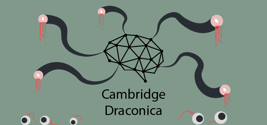 Cambridge Analytica logo with creepy eyesnakes that have their eyes cut off